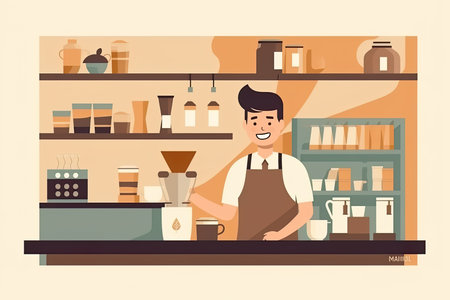 The picture employs a flat design style, utilizing simple shapes and colors with no shading or depth. In the center, a skilled and focused barista can be seen preparing a pour-over coffee with great care and precisionのイラスト素材
