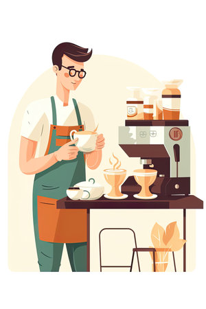 The picture employs a flat design style, utilizing simple shapes and colors with no shading or depth. In the center, a skilled and focused barista can be seen preparing a pour-over coffee with great care and precisionのイラスト素材