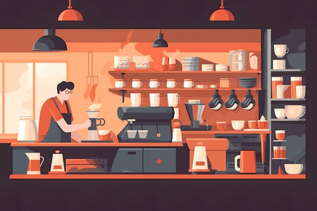 The picture employs a flat design style, utilizing simple shapes and colors with no shading or depth. In the center, a skilled and focused barista can be seen preparing a pour-over coffee with great care and precisionのイラスト素材