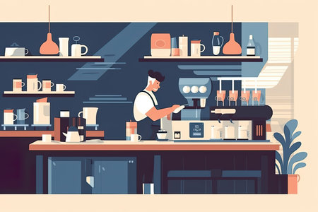 The picture employs a flat design style, utilizing simple shapes and colors with no shading or depth. In the center, a skilled and focused barista can be seen preparing a pour-over coffee with great care and precisionのイラスト素材