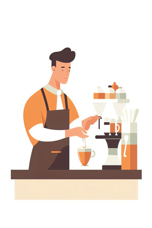The picture employs a flat design style, utilizing simple shapes and colors with no shading or depth. In the center, a skilled and focused barista can be seen preparing a pour-over coffee with great care and precisionのイラスト素材