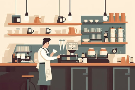 The picture employs a flat design style, utilizing simple shapes and colors with no shading or depth. In the center, a skilled and focused barista can be seen preparing a pour-over coffee with great care and precisionのイラスト素材