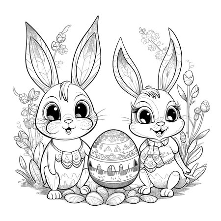 cute bunny in a black and white coloring book page surrounded by Easter themed designs. The bunny has a big smile and cartoonish features, making it adorable. The image is isolated on a white background and ready to be colored in with vibrant colorsのイラスト素材