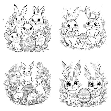 cute bunny in a black and white coloring book page surrounded by Easter themed designs. The bunny has a big smile and cartoonish features, making it adorable. The image is isolated on a white background and ready to be colored in with vibrant colorsのイラスト素材