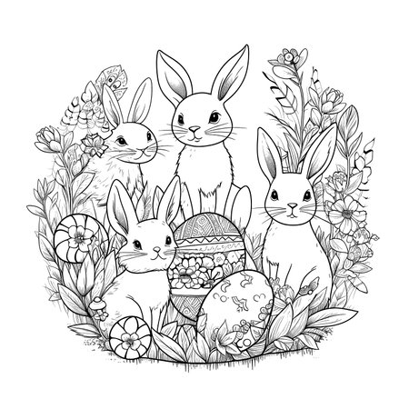 cute bunny in a black and white coloring book page surrounded by Easter themed designs. The bunny has a big smile and cartoonish features, making it adorable. The image is isolated on a white background and ready to be colored in with vibrant colorsのイラスト素材