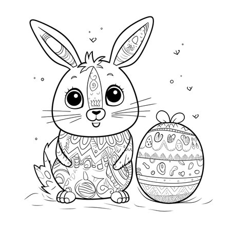 cute bunny in a black and white coloring book page surrounded by Easter themed designs. The bunny has a big smile and cartoonish features, making it adorable. The image is isolated on a white background and ready to be colored in with vibrant colorsのイラスト素材