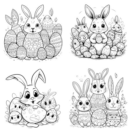cute bunny in a black and white coloring book page surrounded by Easter themed designs. The bunny has a big smile and cartoonish features, making it adorable. The image is isolated on a white background and ready to be colored in with vibrant colorsのイラスト素材