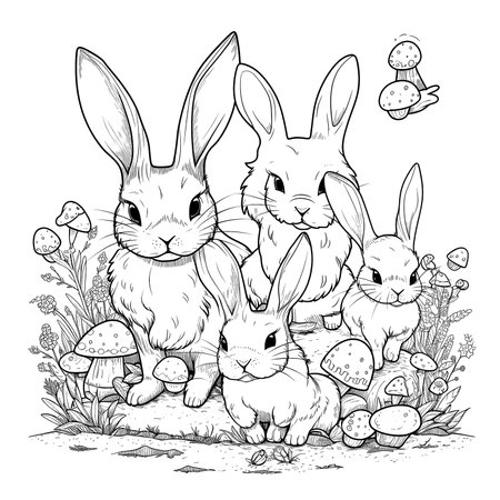 cute bunny in a black and white coloring book page surrounded by Easter themed designs. The bunny has a big smile and cartoonish features, making it adorable. The image is isolated on a white background and ready to be colored in with vibrant colorsのイラスト素材