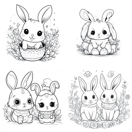 cute bunny in a black and white coloring book page surrounded by Easter themed designs. The bunny has a big smile and cartoonish features, making it adorable. The image is isolated on a white background and ready to be colored in with vibrant colorsのイラスト素材