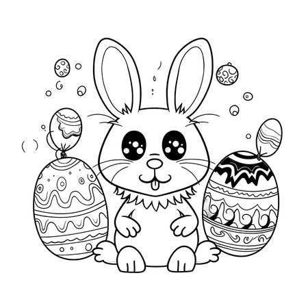 cute bunny in a black and white coloring book page surrounded by Easter themed designs. The bunny has a big smile and cartoonish features, making it adorable. The image is isolated on a white background and ready to be colored in with vibrant colorsのイラスト素材