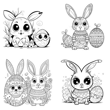 cute bunny in a black and white coloring book page surrounded by Easter themed designs. The bunny has a big smile and cartoonish features, making it adorable. The image is isolated on a white background and ready to be colored in with vibrant colorsのイラスト素材
