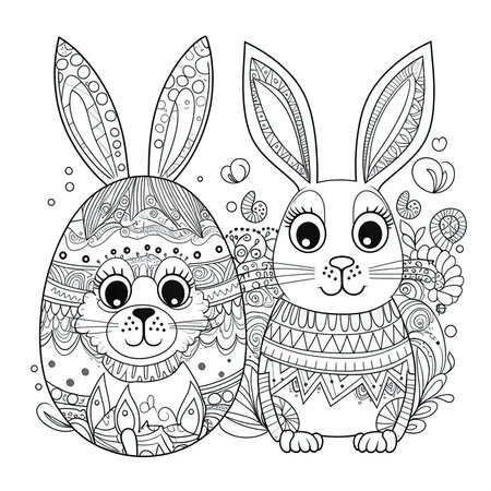 cute bunny in a black and white coloring book page surrounded by Easter themed designs. The bunny has a big smile and cartoonish features, making it adorable. The image is isolated on a white background and ready to be colored in with vibrant colorsのイラスト素材