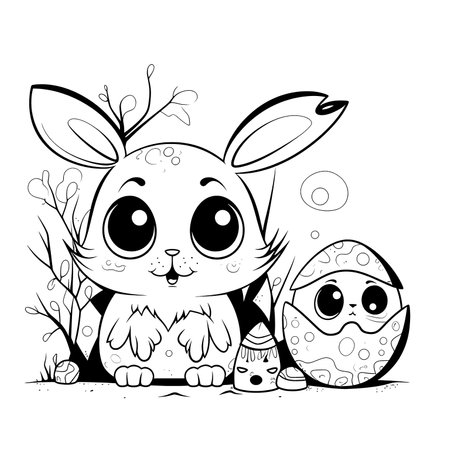 cute bunny in a black and white coloring book page surrounded by Easter themed designs. The bunny has a big smile and cartoonish features, making it adorable. The image is isolated on a white background and ready to be colored in with vibrant colorsのイラスト素材