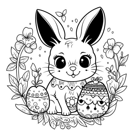 cute bunny in a black and white coloring book page surrounded by Easter themed designs. The bunny has a big smile and cartoonish features, making it adorable. The image is isolated on a white background and ready to be colored in with vibrant colorsのイラスト素材