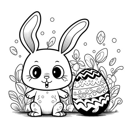 cute bunny in a black and white coloring book page surrounded by Easter themed designs. The bunny has a big smile and cartoonish features, making it adorable. The image is isolated on a white background and ready to be colored in with vibrant colorsのイラスト素材