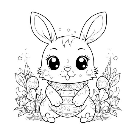 cute bunny in a black and white coloring book page surrounded by Easter themed designs. The bunny has a big smile and cartoonish features, making it adorable. The image is isolated on a white background and ready to be colored in with vibrant colorsのイラスト素材