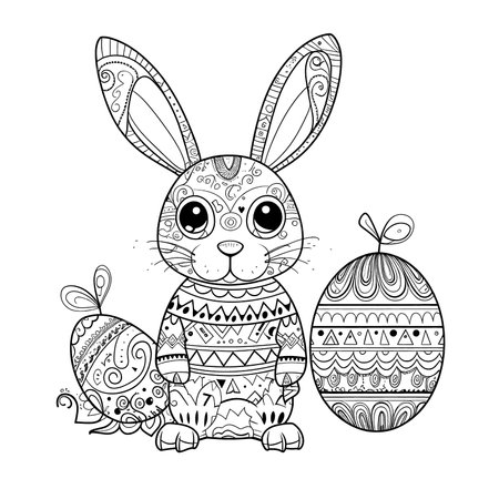 cute bunny in a black and white coloring book page surrounded by Easter themed designs. The bunny has a big smile and cartoonish features, making it adorable. The image is isolated on a white background and ready to be colored in with vibrant colorsのイラスト素材