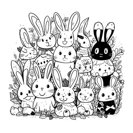 cute bunny in a black and white coloring book page surrounded by Easter themed designs. The bunny has a big smile and cartoonish features, making it adorable. The image is isolated on a white background and ready to be colored in with vibrant colorsのイラスト素材