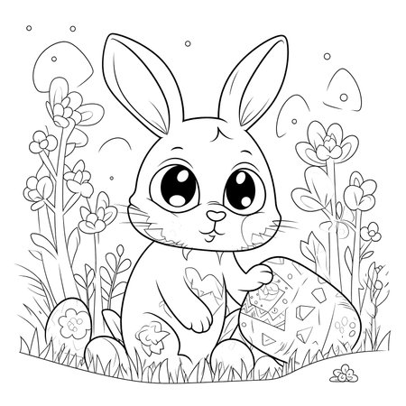 cute bunny in a black and white coloring book page surrounded by Easter themed designs. The bunny has a big smile and cartoonish features, making it adorable. The image is isolated on a white background and ready to be colored in with vibrant colorsのイラスト素材