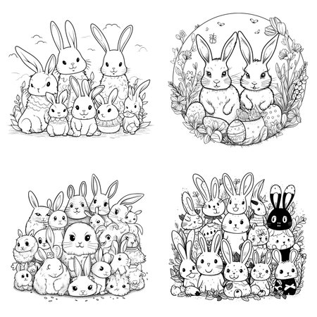 cute bunny in a black and white coloring book page surrounded by Easter themed designs. The bunny has a big smile and cartoonish features, making it adorable. The image is isolated on a white background and ready to be colored in with vibrant colorsのイラスト素材