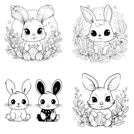 cute bunny in a black and white coloring book page surrounded by Easter themed designs. The bunny has a big smile and cartoonish features, making it adorable. The image is isolated on a white background and ready to be colored in with vibrant colorsのイラスト素材