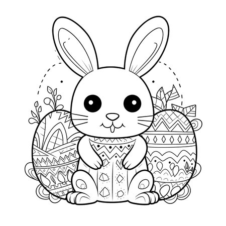 cute bunny in a black and white coloring book page surrounded by Easter themed designs. The bunny has a big smile and cartoonish features, making it adorable. The image is isolated on a white background and ready to be colored in with vibrant colorsのイラスト素材