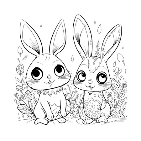 cute bunny in a black and white coloring book page surrounded by Easter themed designs. The bunny has a big smile and cartoonish features, making it adorable. The image is isolated on a white background and ready to be colored in with vibrant colorsのイラスト素材