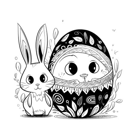 cute bunny in a black and white coloring book page surrounded by Easter themed designs. The bunny has a big smile and cartoonish features, making it adorable. The image is isolated on a white background and ready to be colored in with vibrant colorsのイラスト素材