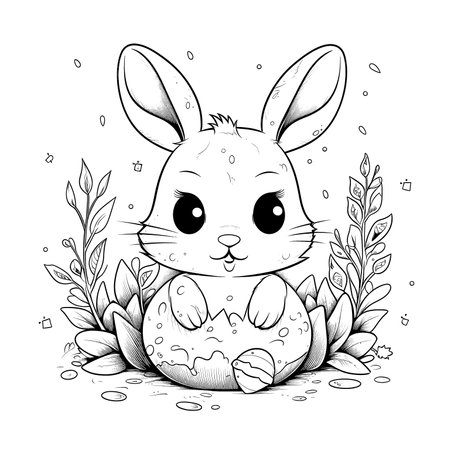 cute bunny in a black and white coloring book page surrounded by Easter themed designs. The bunny has a big smile and cartoonish features, making it adorable. The image is isolated on a white background and ready to be colored in with vibrant colorsのイラスト素材