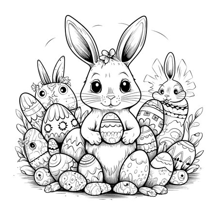 cute bunny in a black and white coloring book page surrounded by Easter themed designs. The bunny has a big smile and cartoonish features, making it adorable. The image is isolated on a white background and ready to be colored in with vibrant colorsのイラスト素材