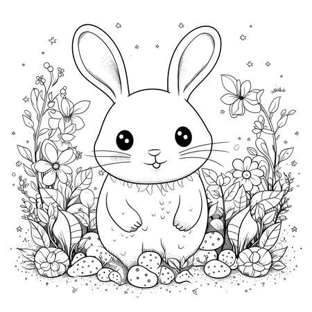 cute bunny in a black and white coloring book page surrounded by Easter themed designs. The bunny has a big smile and cartoonish features, making it adorable. The image is isolated on a white background and ready to be colored in with vibrant colorsのイラスト素材