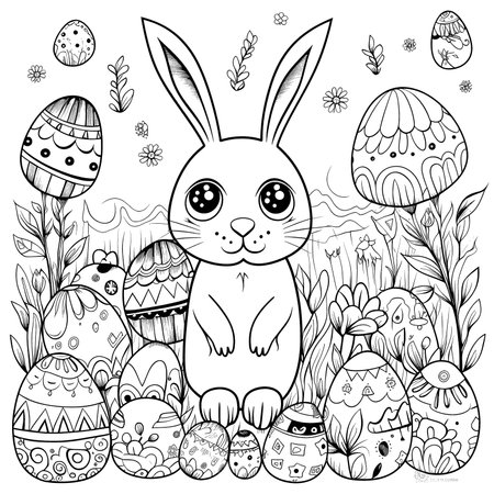 cute bunny in a black and white coloring book page surrounded by Easter themed designs. The bunny has a big smile and cartoonish features, making it adorable. The image is isolated on a white background and ready to be colored in with vibrant colorsのイラスト素材