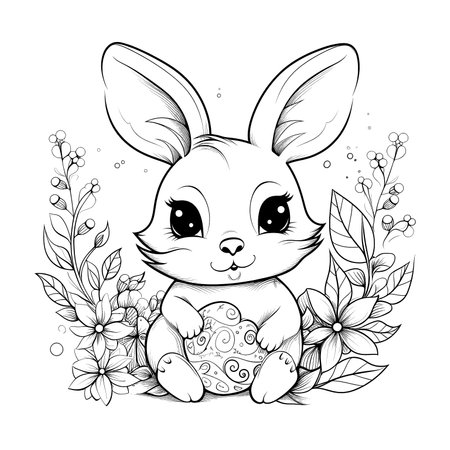 cute bunny in a black and white coloring book page surrounded by Easter themed designs. The bunny has a big smile and cartoonish features, making it adorable. The image is isolated on a white background and ready to be colored in with vibrant colorsのイラスト素材
