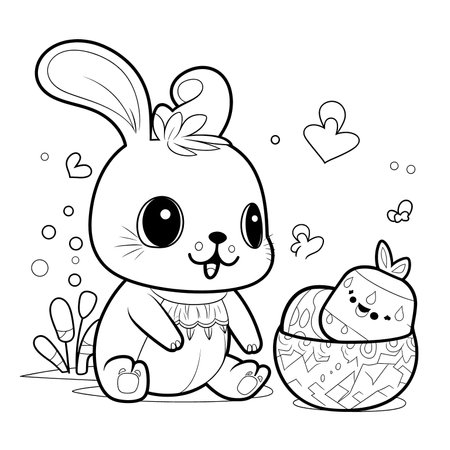 cute bunny in a black and white coloring book page surrounded by Easter themed designs. The bunny has a big smile and cartoonish features, making it adorable. The image is isolated on a white background and ready to be colored in with vibrant colorsのイラスト素材