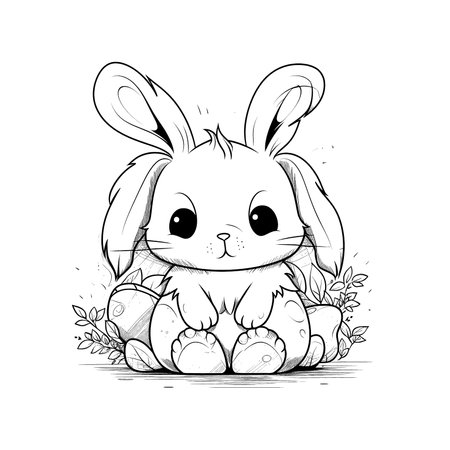cute bunny in a black and white coloring book page surrounded by Easter themed designs. The bunny has a big smile and cartoonish features, making it adorable. The image is isolated on a white background and ready to be colored in with vibrant colorsのイラスト素材