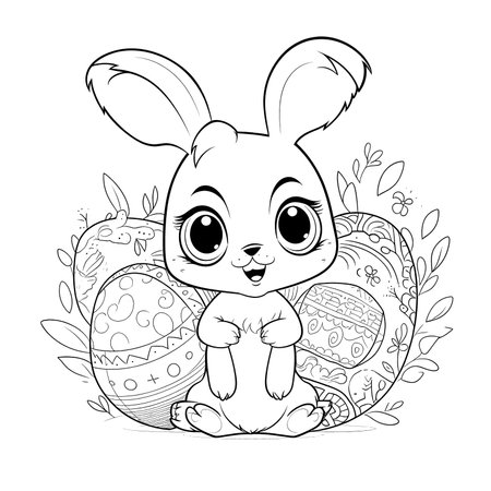 cute bunny in a black and white coloring book page surrounded by Easter themed designs. The bunny has a big smile and cartoonish features, making it adorable. The image is isolated on a white background and ready to be colored in with vibrant colorsのイラスト素材