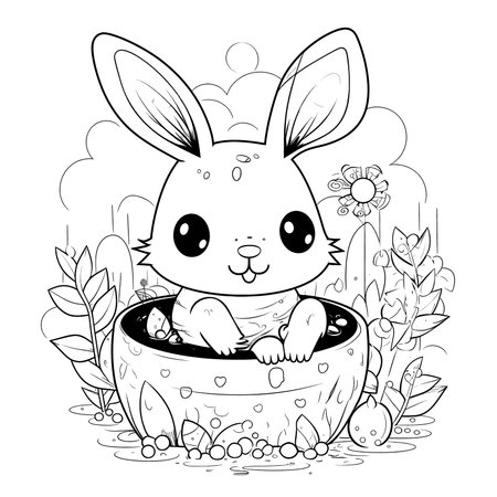 cute bunny in a black and white coloring book page surrounded by Easter themed designs. The bunny has a big smile and cartoonish features, making it adorable. The image is isolated on a white background and ready to be colored in with vibrant colorsのイラスト素材