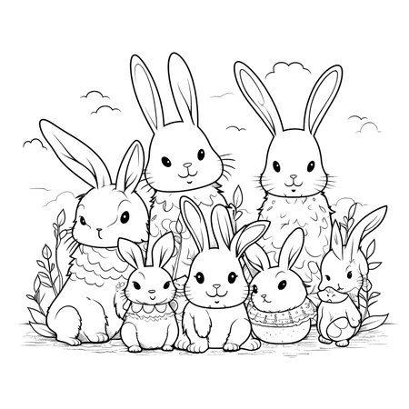 cute bunny in a black and white coloring book page surrounded by Easter themed designs. The bunny has a big smile and cartoonish features, making it adorable. The image is isolated on a white background and ready to be colored in with vibrant colorsのイラスト素材