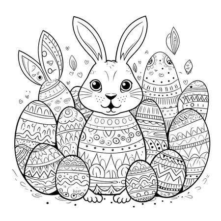 cute bunny in a black and white coloring book page surrounded by Easter themed designs. The bunny has a big smile and cartoonish features, making it adorable. The image is isolated on a white background and ready to be colored in with vibrant colorsのイラスト素材