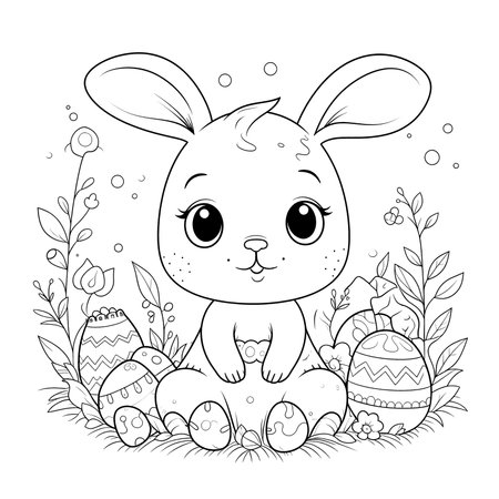 cute bunny in a black and white coloring book page surrounded by Easter themed designs. The bunny has a big smile and cartoonish features, making it adorable. The image is isolated on a white background and ready to be colored in with vibrant colorsのイラスト素材