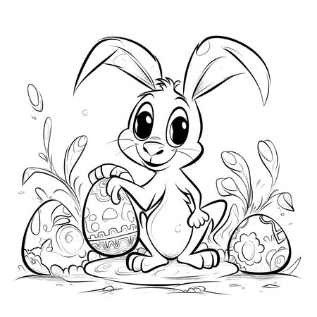 cute bunny in a black and white coloring book page surrounded by Easter themed designs. The bunny has a big smile and cartoonish features, making it adorable. The image is isolated on a white background and ready to be colored in with vibrant colorsのイラスト素材