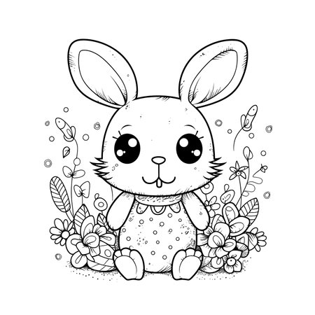 cute bunny in a black and white coloring book page surrounded by Easter themed designs. The bunny has a big smile and cartoonish features, making it adorable. The image is isolated on a white background and ready to be colored in with vibrant colorsのイラスト素材