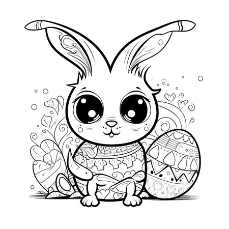 cute bunny in a black and white coloring book page surrounded by Easter themed designs. The bunny has a big smile and cartoonish features, making it adorable. The image is isolated on a white background and ready to be colored in with vibrant colorsのイラスト素材