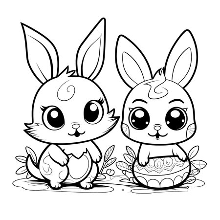 cute bunny in a black and white coloring book page surrounded by Easter themed designs. The bunny has a big smile and cartoonish features, making it adorable. The image is isolated on a white background and ready to be colored in with vibrant colorsのイラスト素材