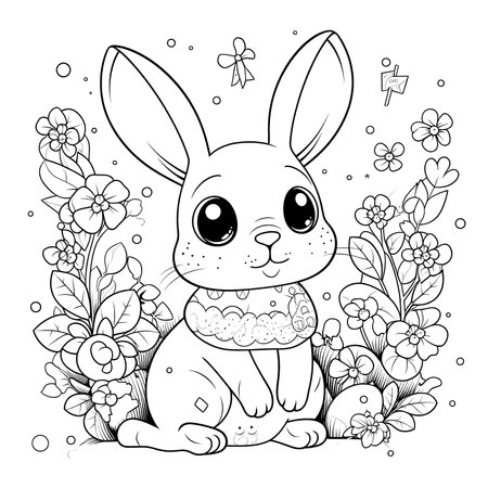 cute bunny in a black and white coloring book page surrounded by Easter themed designs. The bunny has a big smile and cartoonish features, making it adorable. The image is isolated on a white background and ready to be colored in with vibrant colorsのイラスト素材