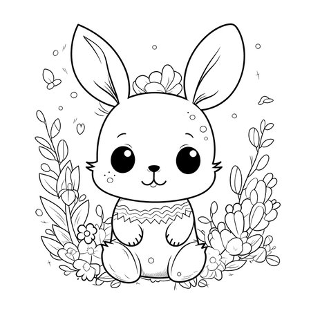 cute bunny in a black and white coloring book page surrounded by Easter themed designs. The bunny has a big smile and cartoonish features, making it adorable. The image is isolated on a white background and ready to be colored in with vibrant colorsのイラスト素材