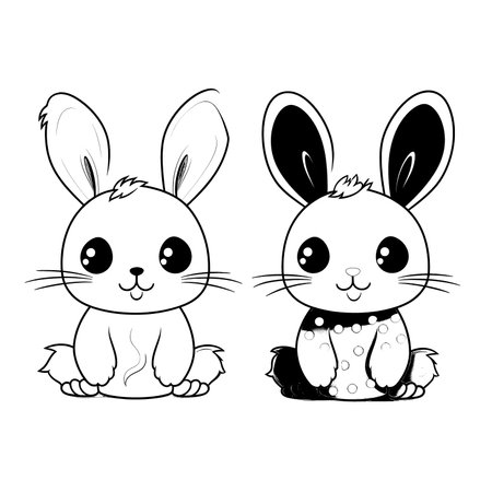 cute bunny in a black and white coloring book page surrounded by Easter themed designs. The bunny has a big smile and cartoonish features, making it adorable. The image is isolated on a white background and ready to be colored in with vibrant colorsのイラスト素材