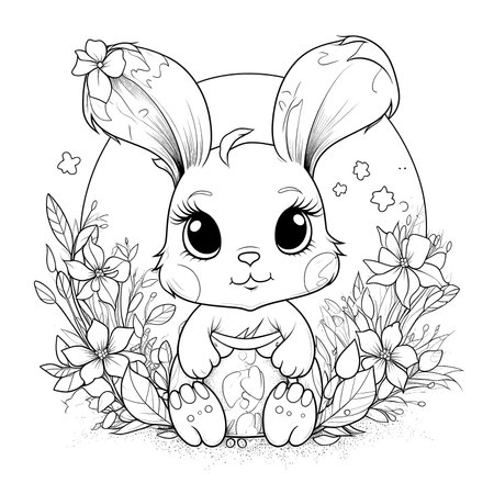 cute bunny in a black and white coloring book page surrounded by Easter themed designs. The bunny has a big smile and cartoonish features, making it adorable. The image is isolated on a white background and ready to be colored in with vibrant colorsのイラスト素材
