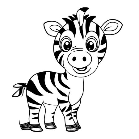 Zebra , Black and white coloring pages for kids, simple lines, cartoon style, happy, cute, funny, animal in the worldのイラスト素材
