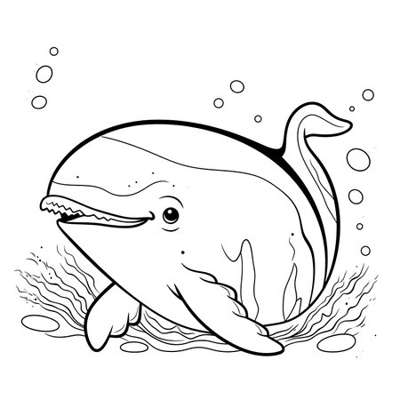Dolphin , Black and white coloring pages for kids, simple lines, cartoon style, happy, cute, funny, animal in the worldのイラスト素材